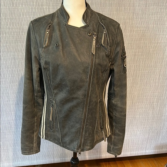 Women's Distressed Grey Biker Jacket - Picture 10 of 12